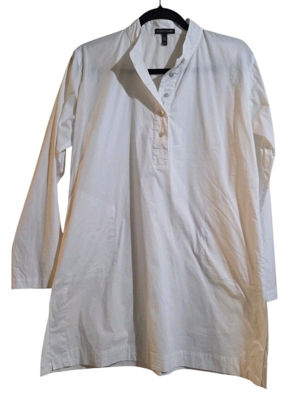 EILEEN FISHER Organic Poplin Cotton White Pockets Long Button Down Shirt XS Mand